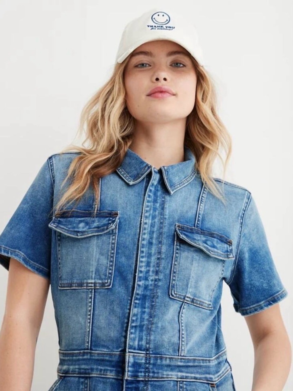 Aerie Denim Skinny Jumpsuit with Short Sleeves and Front Zipper ( stretchy ) M